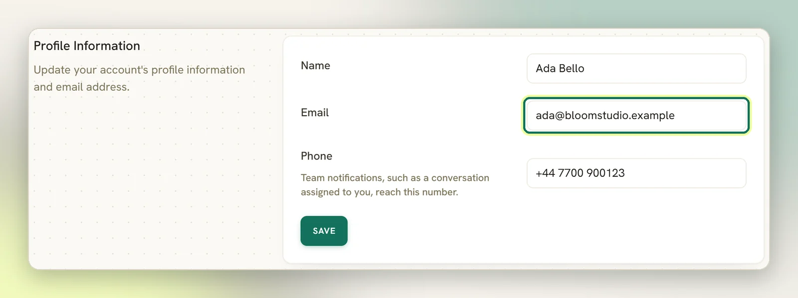 The Profile Information section of Edit Profile with a name, email and phone filled in, and the Email field highlighted