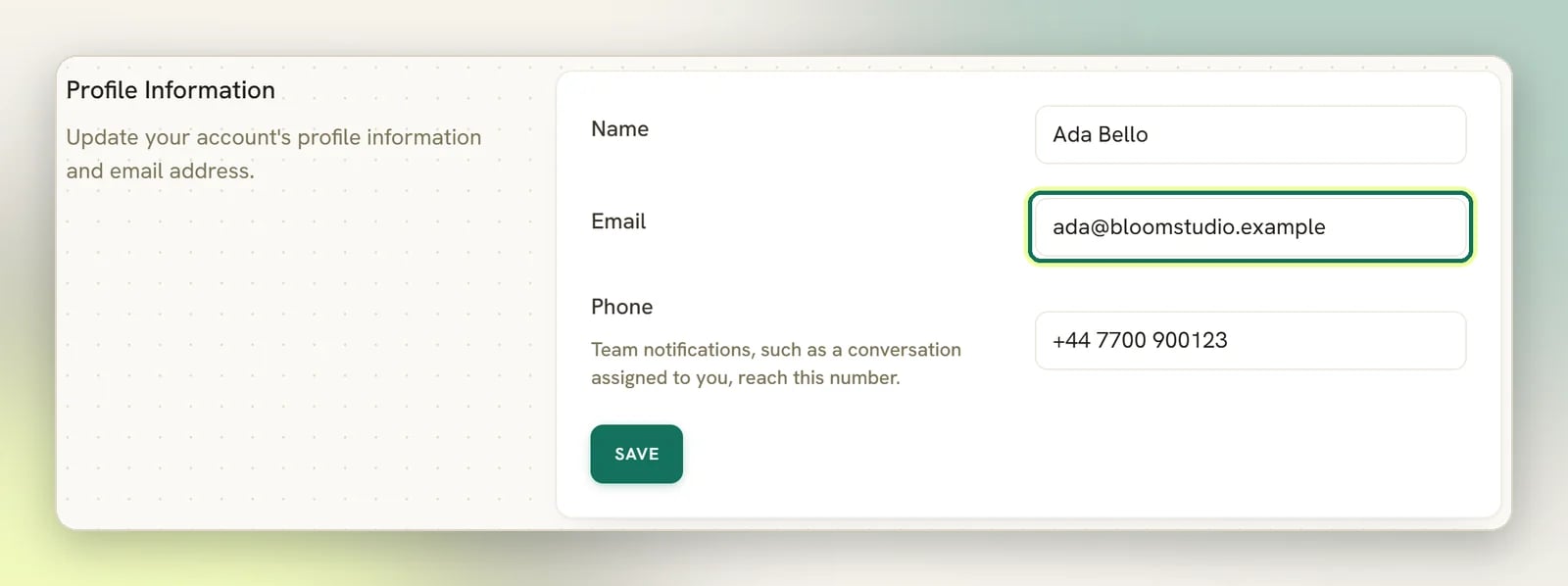 The Profile Information section of Edit Profile with a name, email and phone filled in, and the Email field highlighted