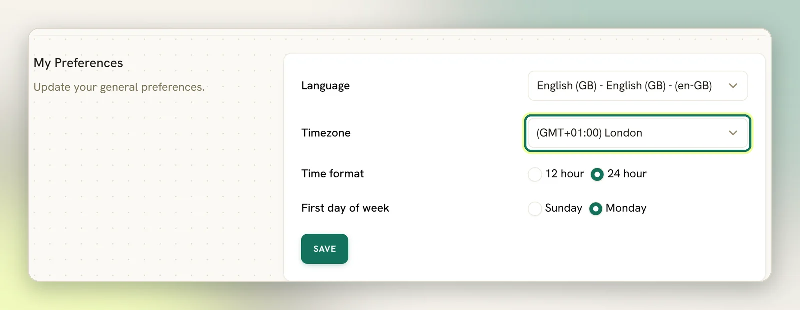 The My Preferences section with the language, the Timezone dropdown highlighted and set to London, the time format and the first day of the week