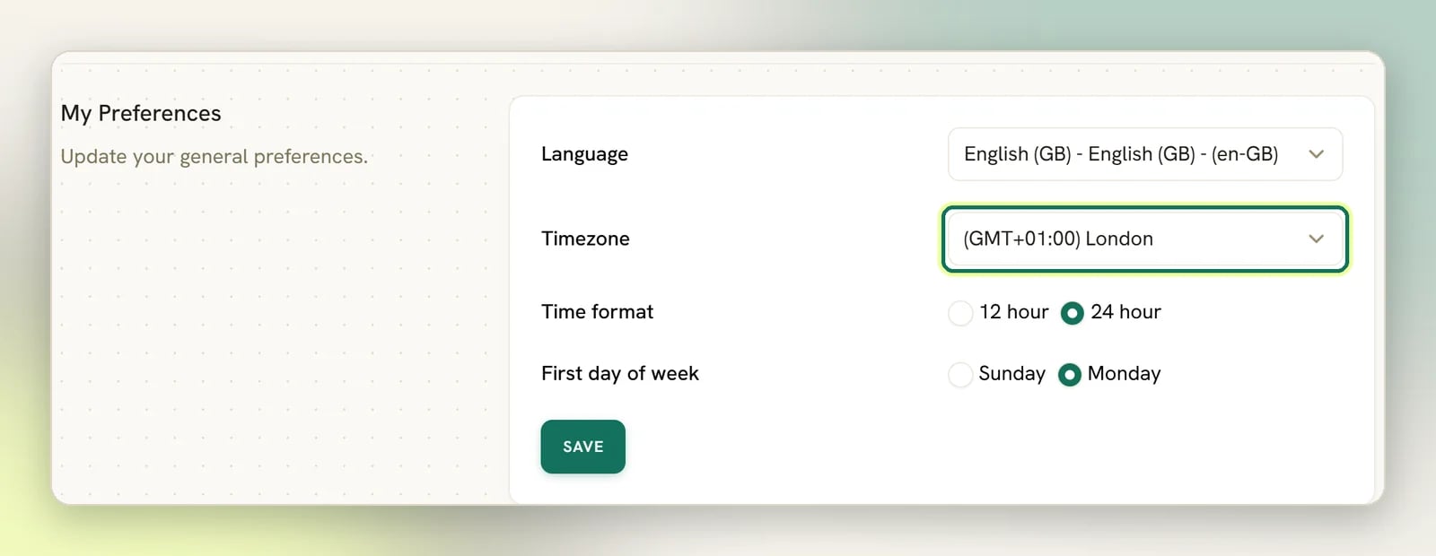 The My Preferences section with the language, the Timezone dropdown highlighted and set to London, the time format and the first day of the week