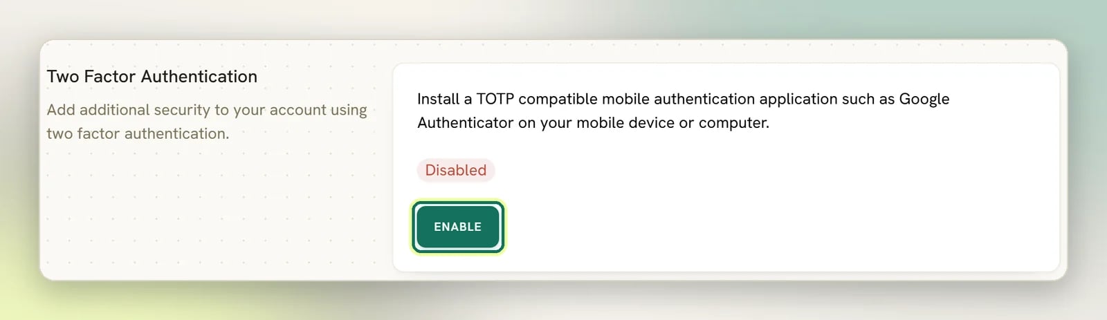 The Two Factor Authentication section on Edit Profile showing a red Disabled badge, with the Enable button highlighted