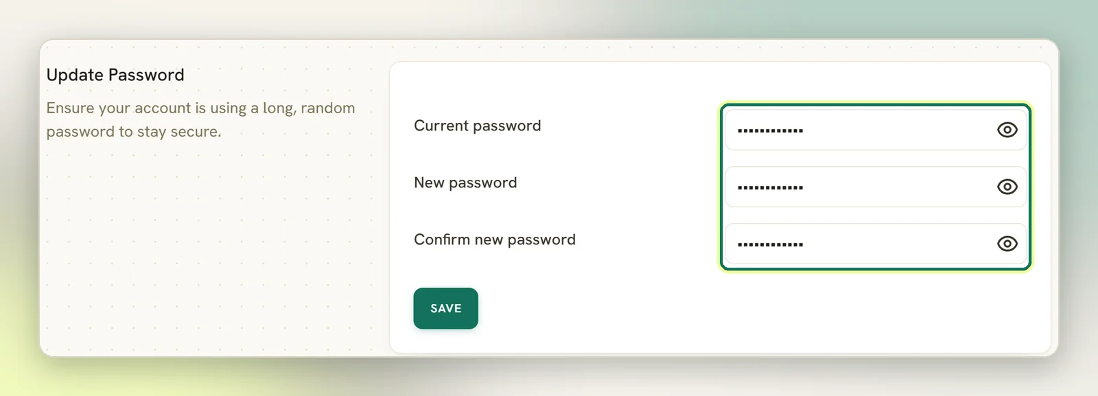 The Update Password section with the Current password, New password and Confirm new password fields highlighted above the Save button
