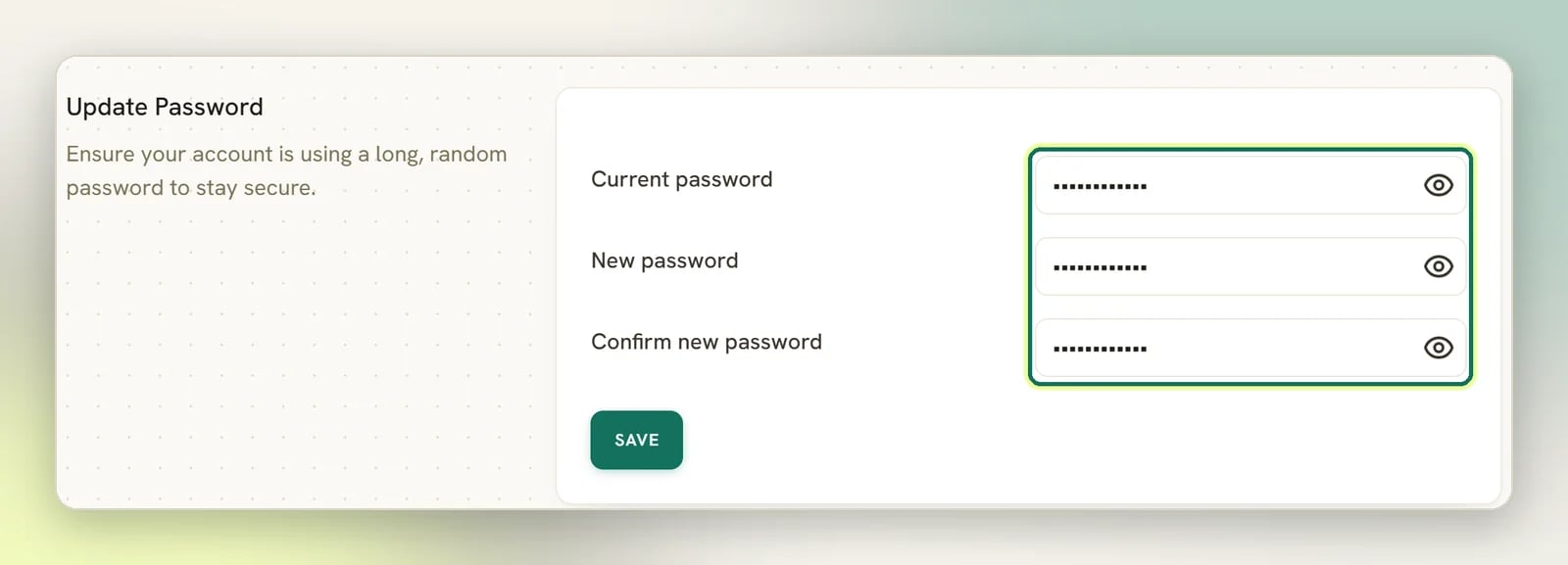 The Update Password section with the Current password, New password and Confirm new password fields highlighted above the Save button