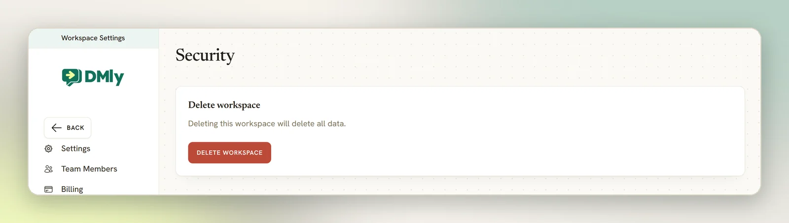 The Security page in Workspace Settings with a single Delete workspace card and its Delete workspace button