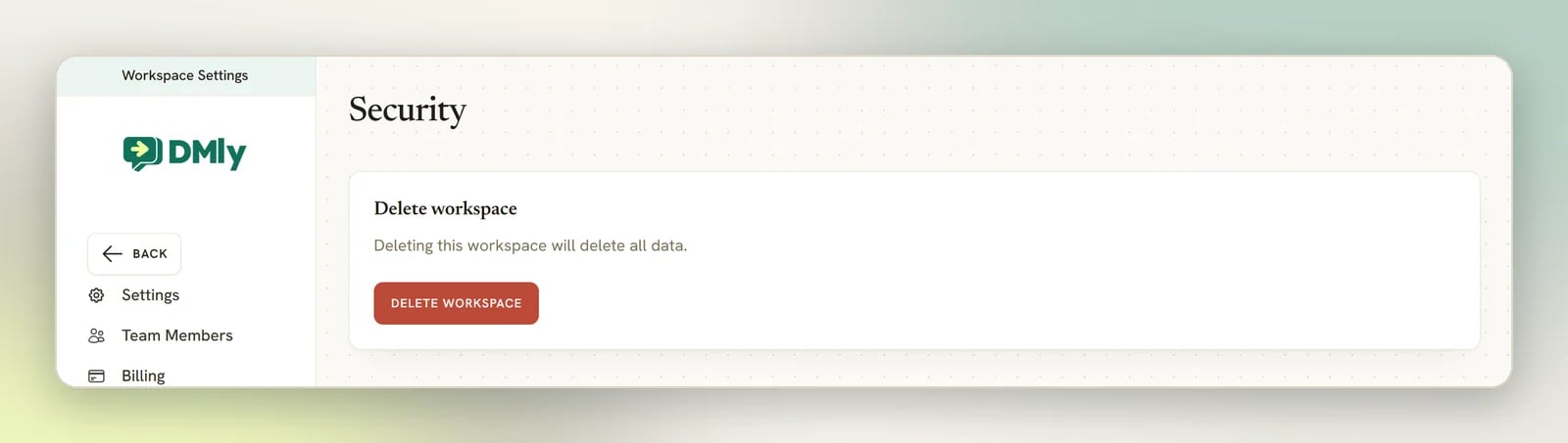 The Security page in Workspace Settings with a single Delete workspace card and its Delete workspace button