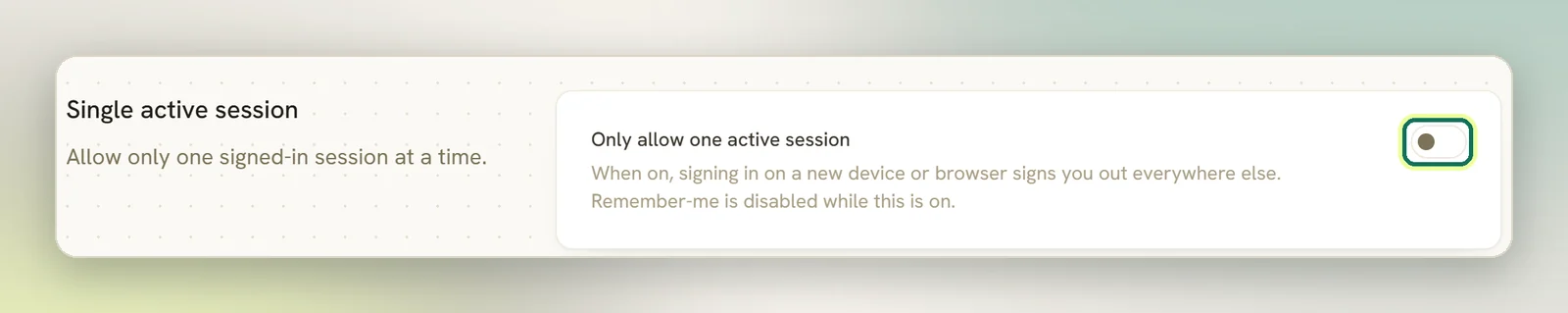 The Single active session section on Edit Profile with the Only allow one active session switch highlighted