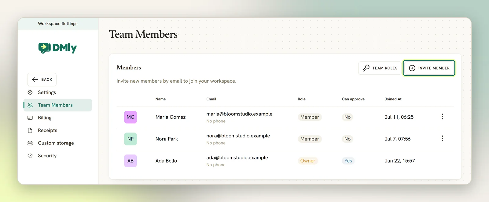The Team Members page listing three members with their email, role and join date, with the Invite member button highlighted