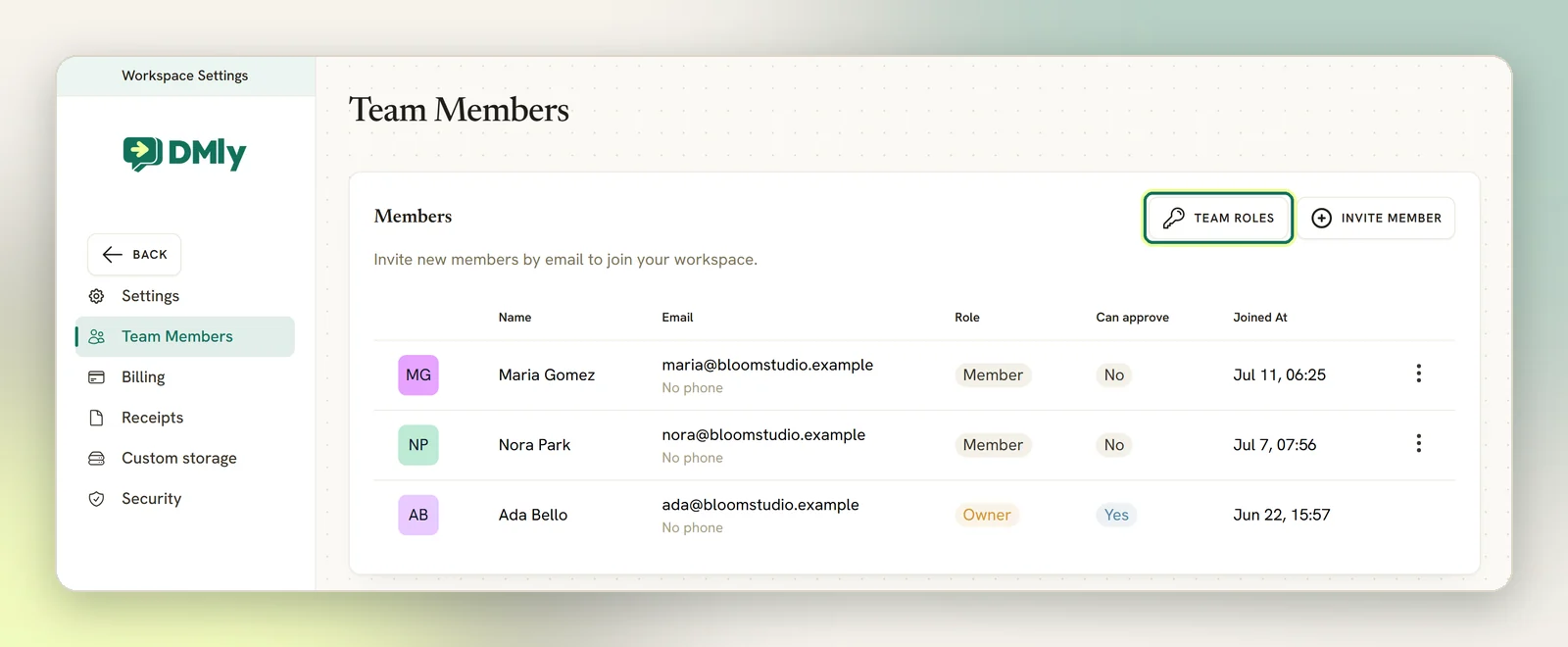 The Team Members page with the Team Roles button highlighted next to Invite member