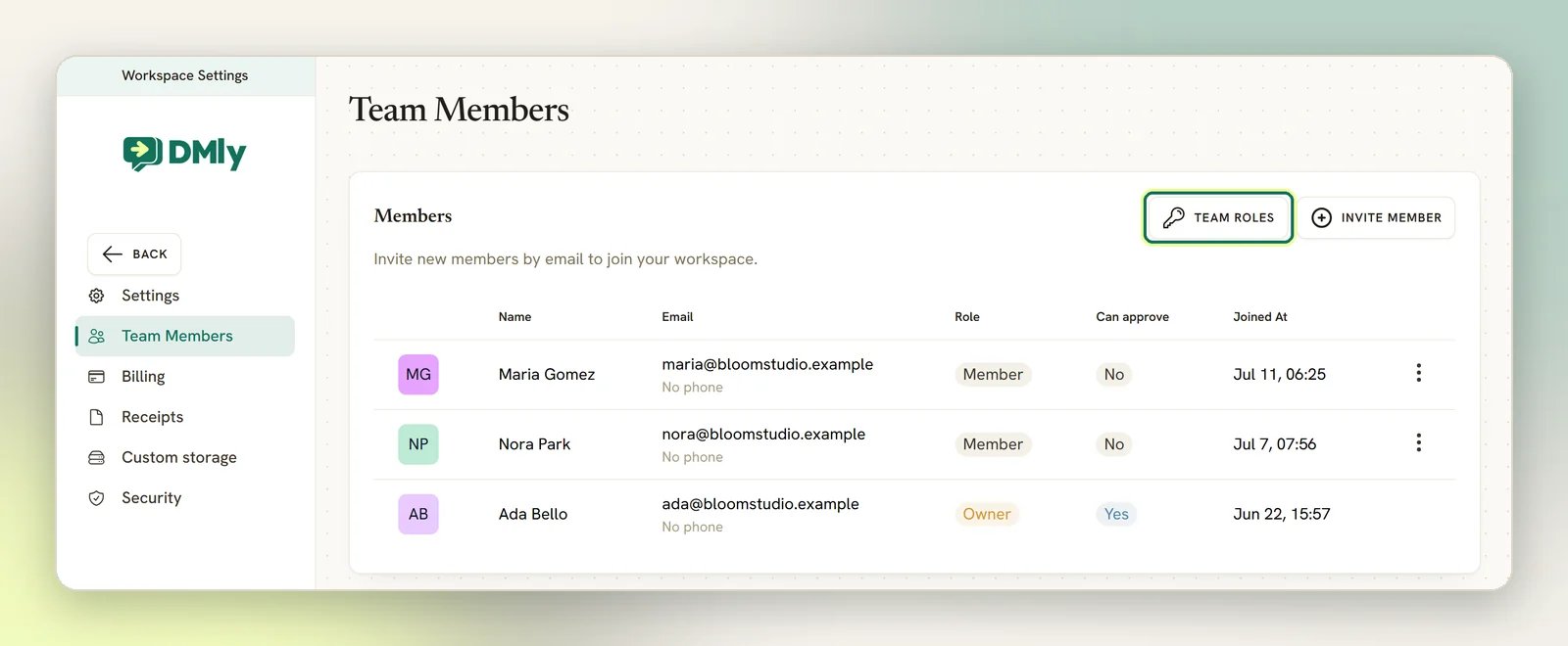 The Team Members page with the Team Roles button highlighted next to Invite member