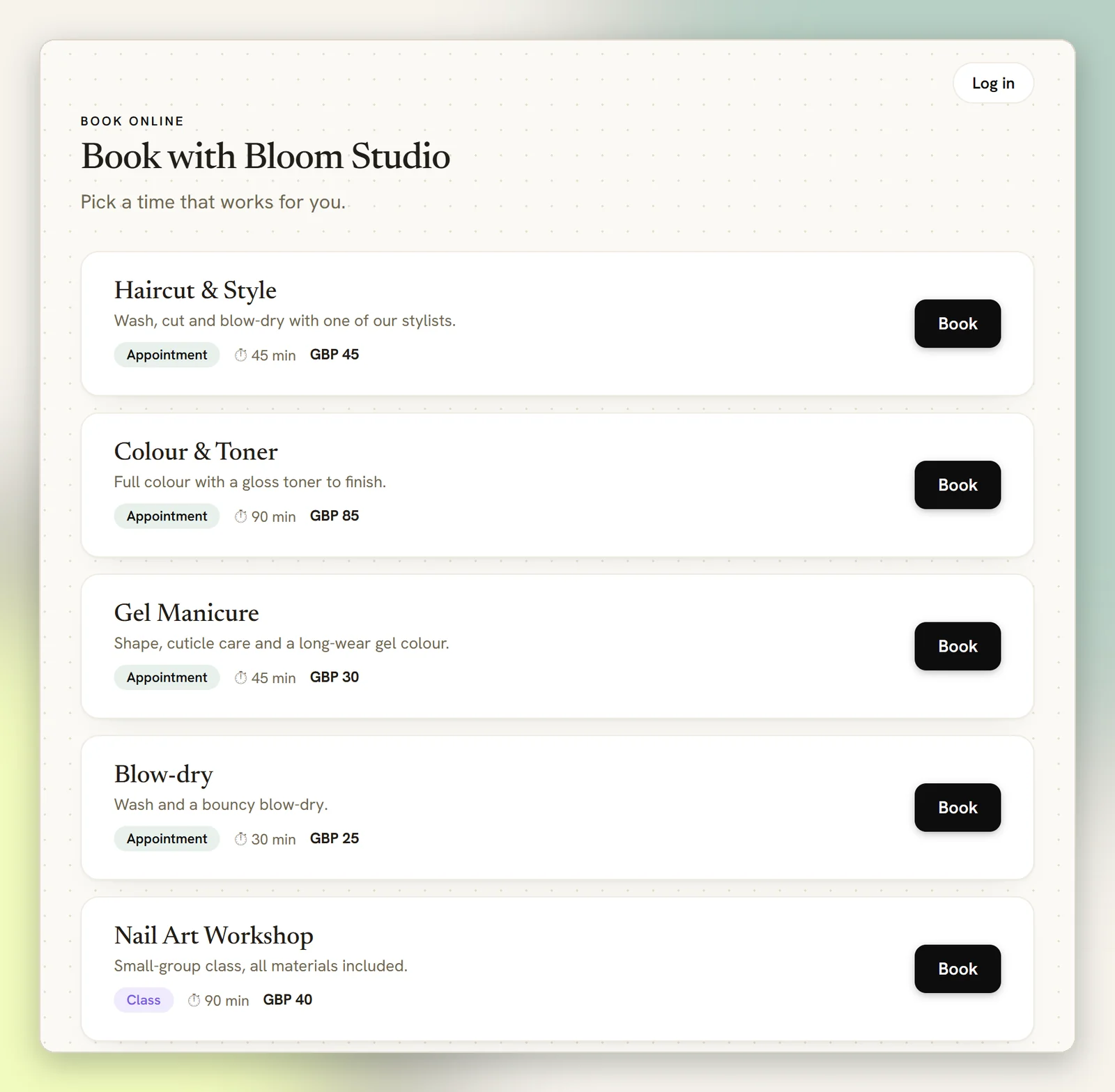 The public booking page headed Book with Bloom Studio, listing services with their type, duration, price and a Book button