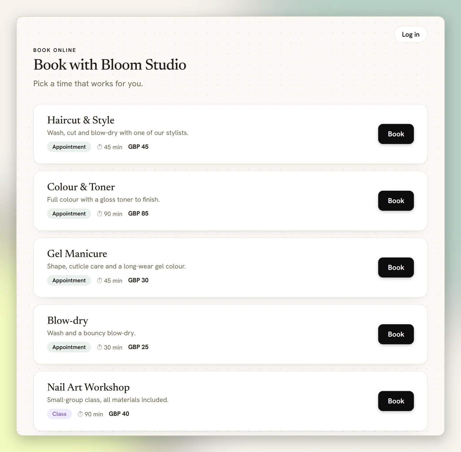The public booking page headed Book with Bloom Studio, listing services with their type, duration, price and a Book button
