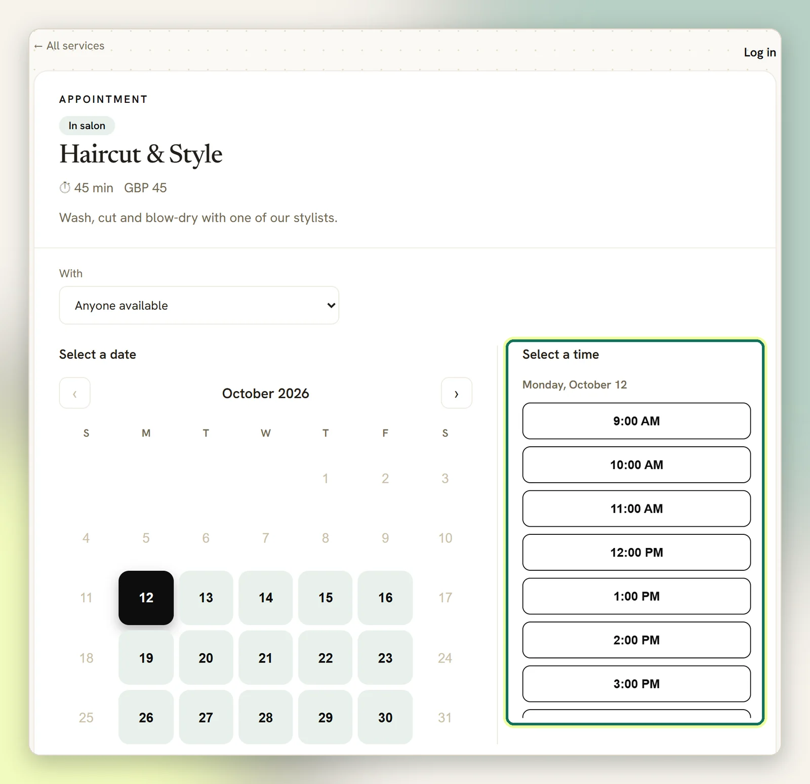 A service's booking page with the With staff picker, a month calendar and the Select a time list of open slots highlighted