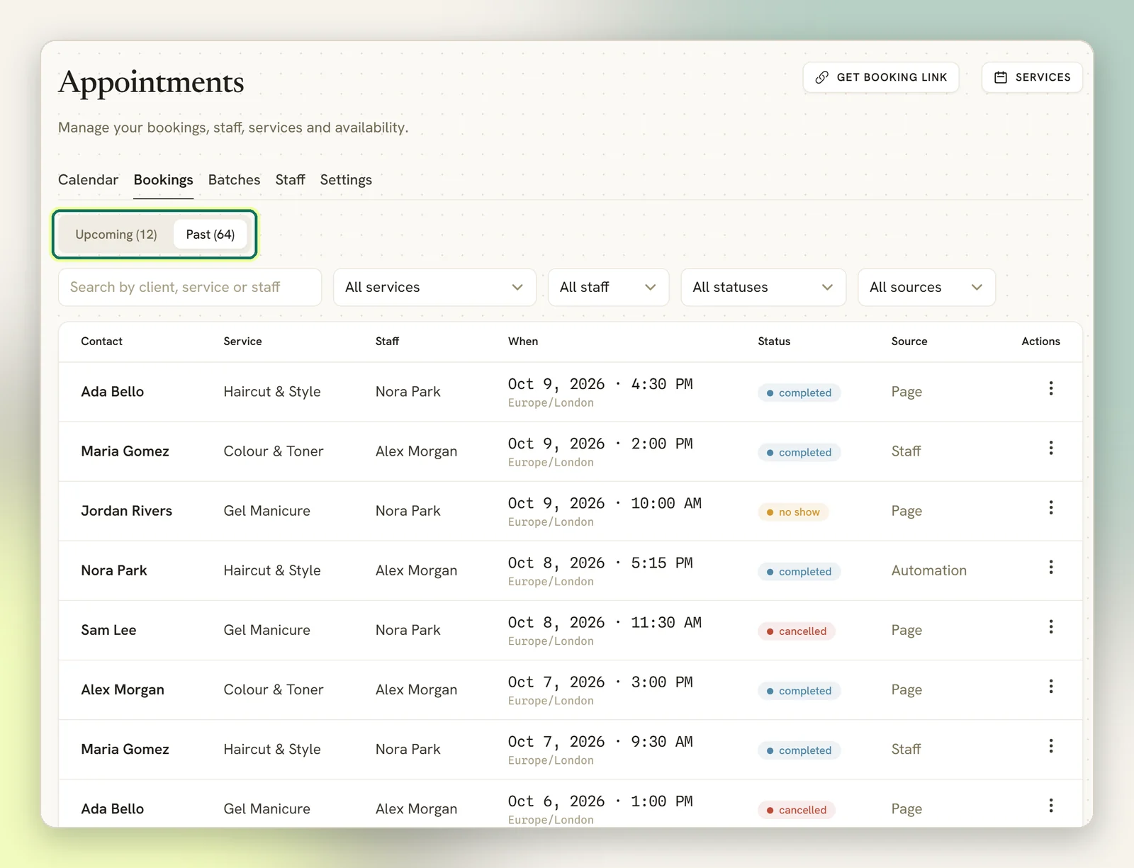 The Bookings tab of Appointments with the Upcoming and Past tabs highlighted, the search and filter dropdowns, and a list of past bookings