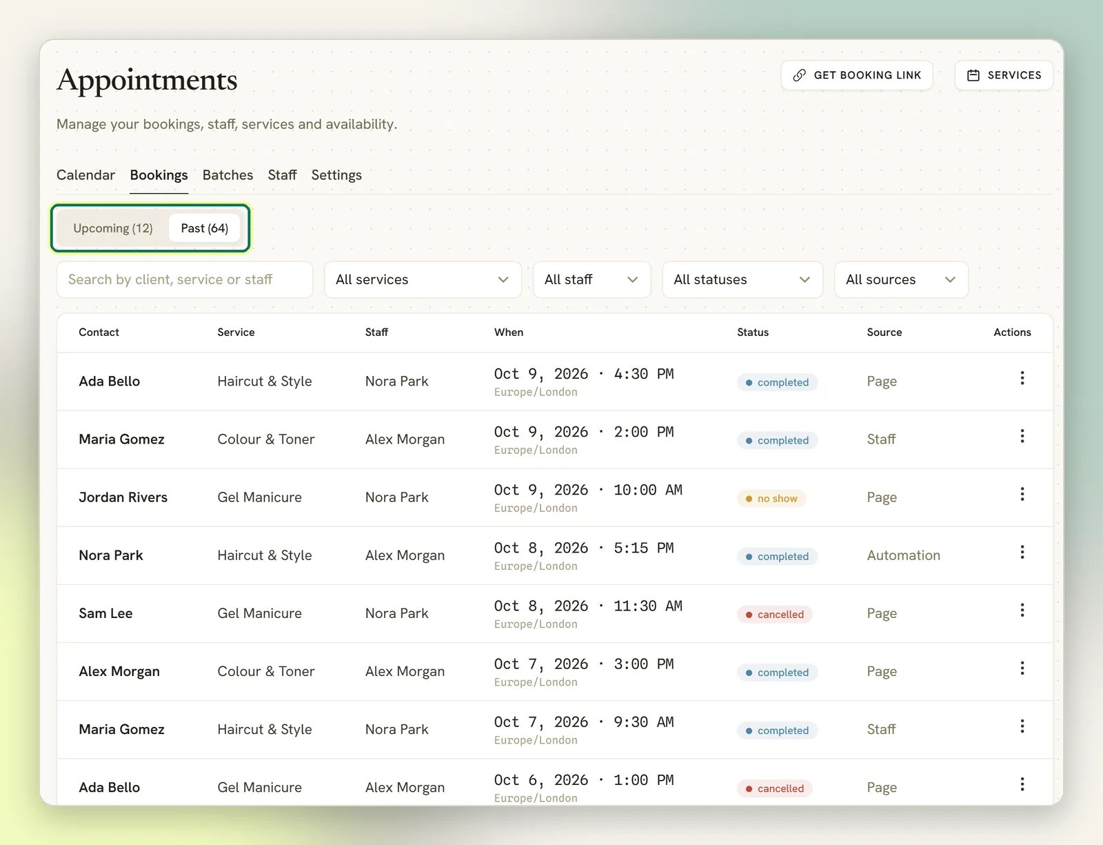 The Bookings tab of Appointments with the Upcoming and Past tabs highlighted, the search and filter dropdowns, and a list of past bookings