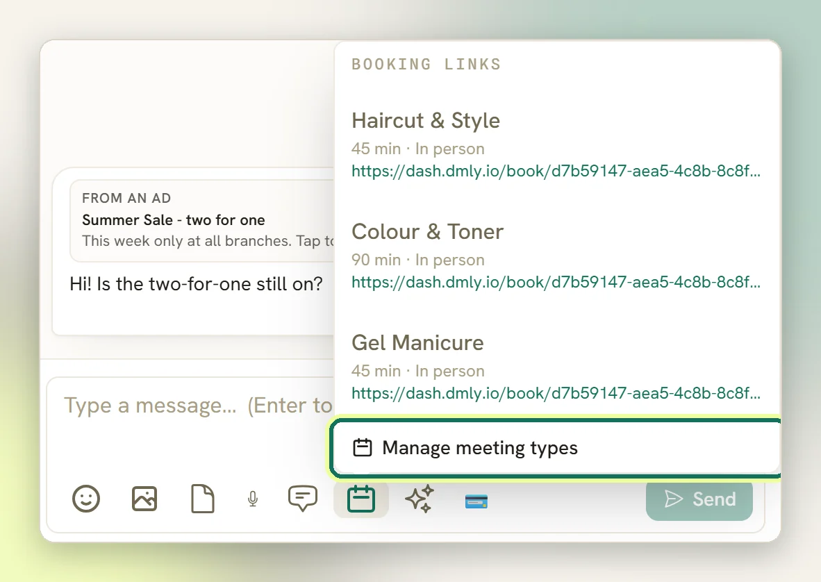 The Insert booking link menu above the Inbox composer, listing booking links with Manage meeting types highlighted at the bottom