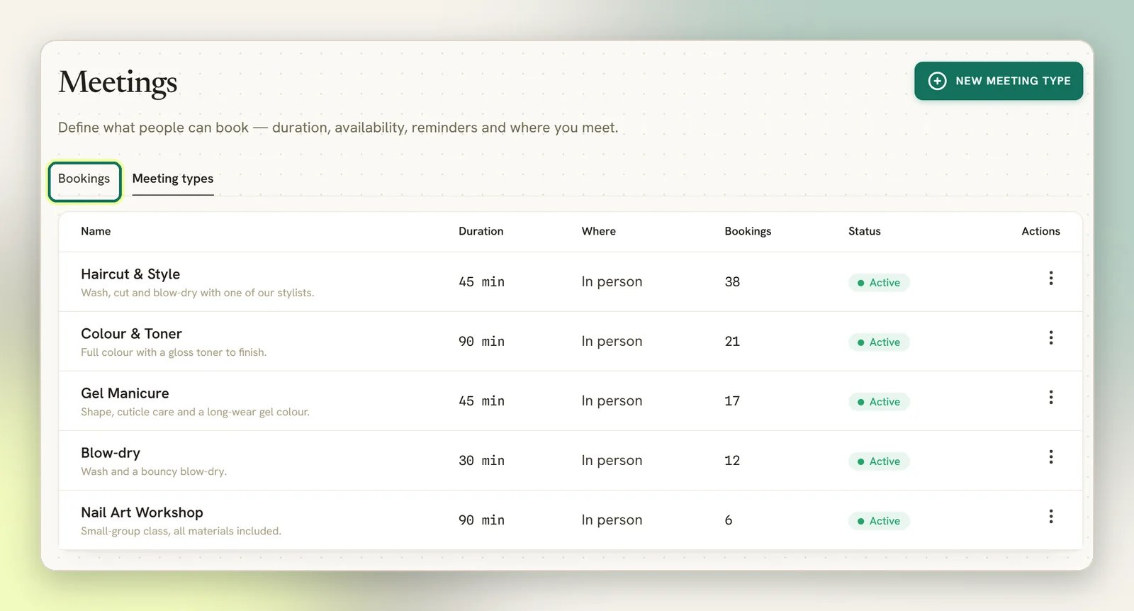 The Meetings page on the Meeting types tab, listing meeting types, with the Bookings tab highlighted