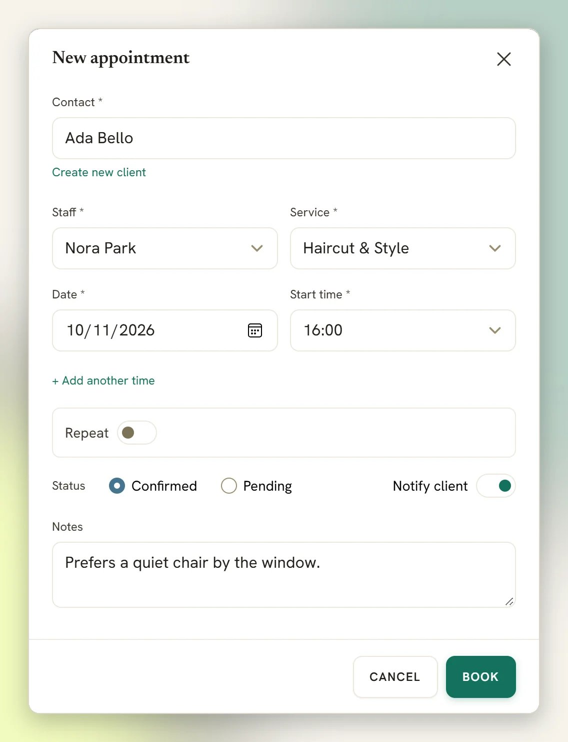 The New appointment window with a contact, staff member, service, date, start time, Confirmed status, Notify client switch and a private note filled in