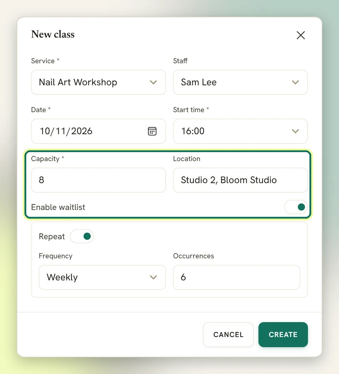 The New class window with a class service, staff, date and time, and the Capacity and Enable waitlist fields highlighted, with Repeat switched on