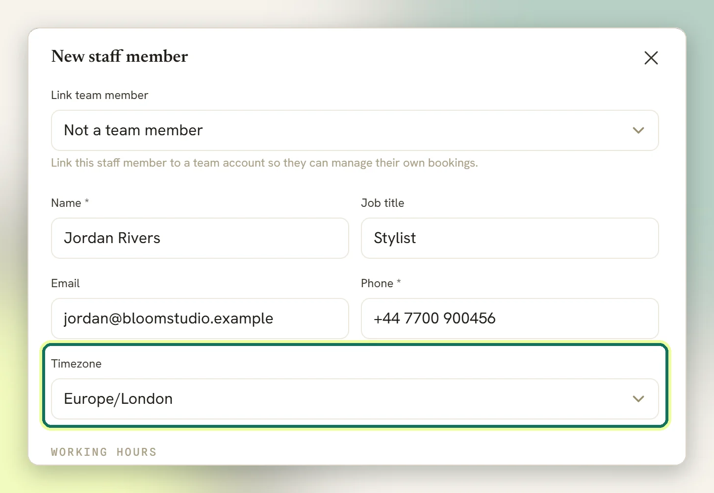 The New staff member window with a name, job title, email and phone filled in and the Timezone field highlighted