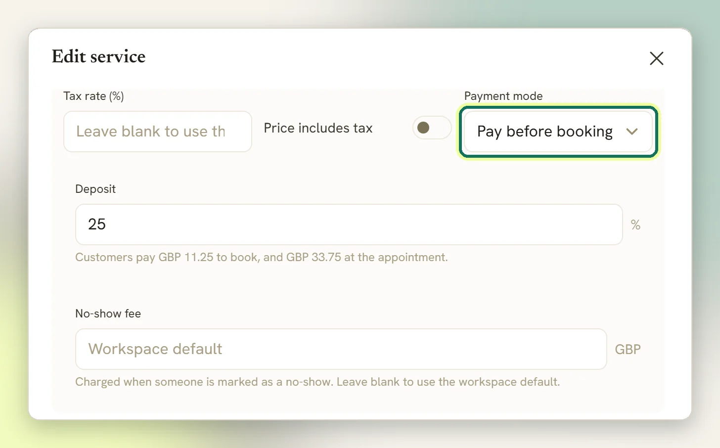 The payment section of the Edit service window with Payment mode set to Pay before booking and highlighted