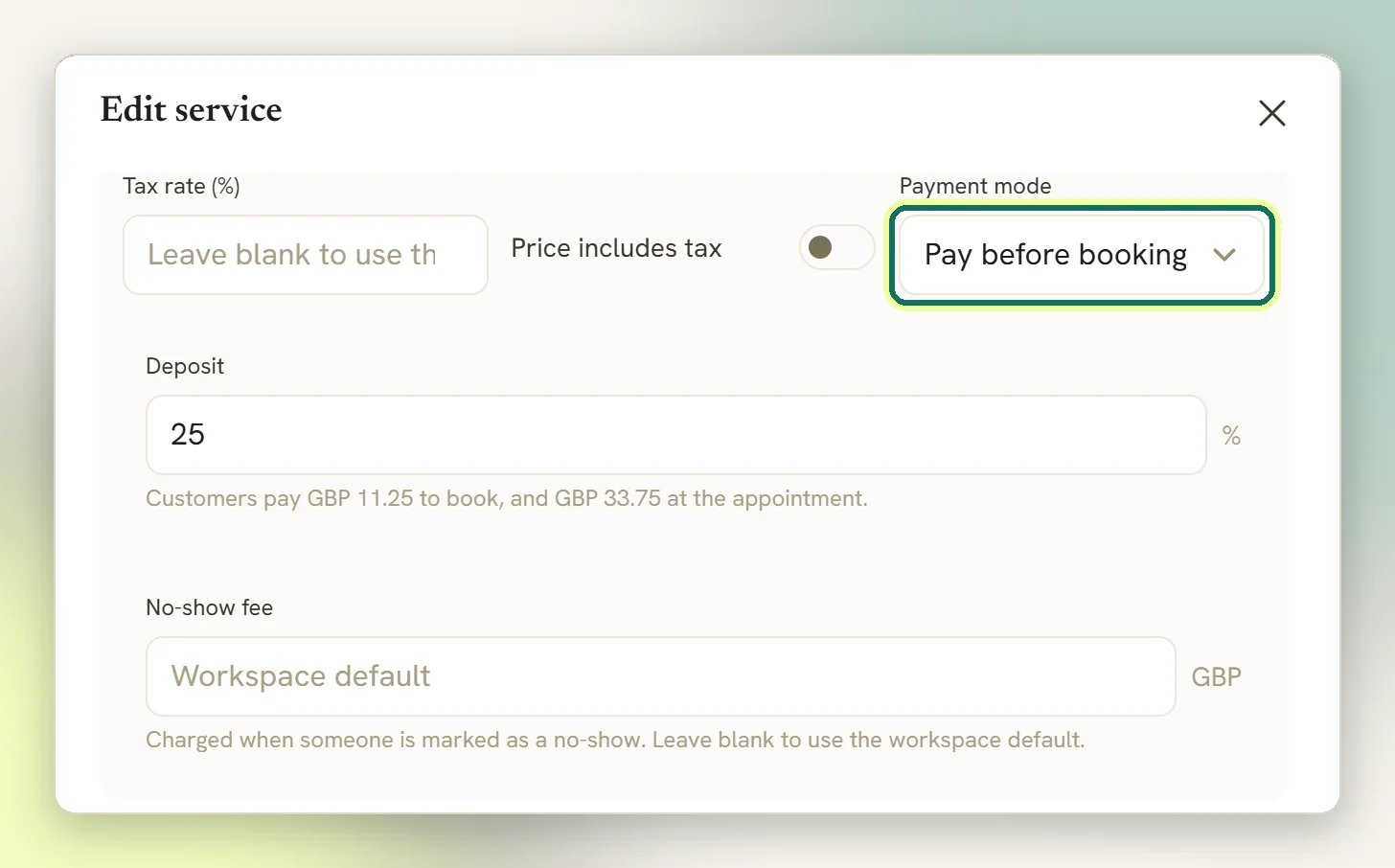 The payment section of the Edit service window with Payment mode set to Pay before booking and highlighted