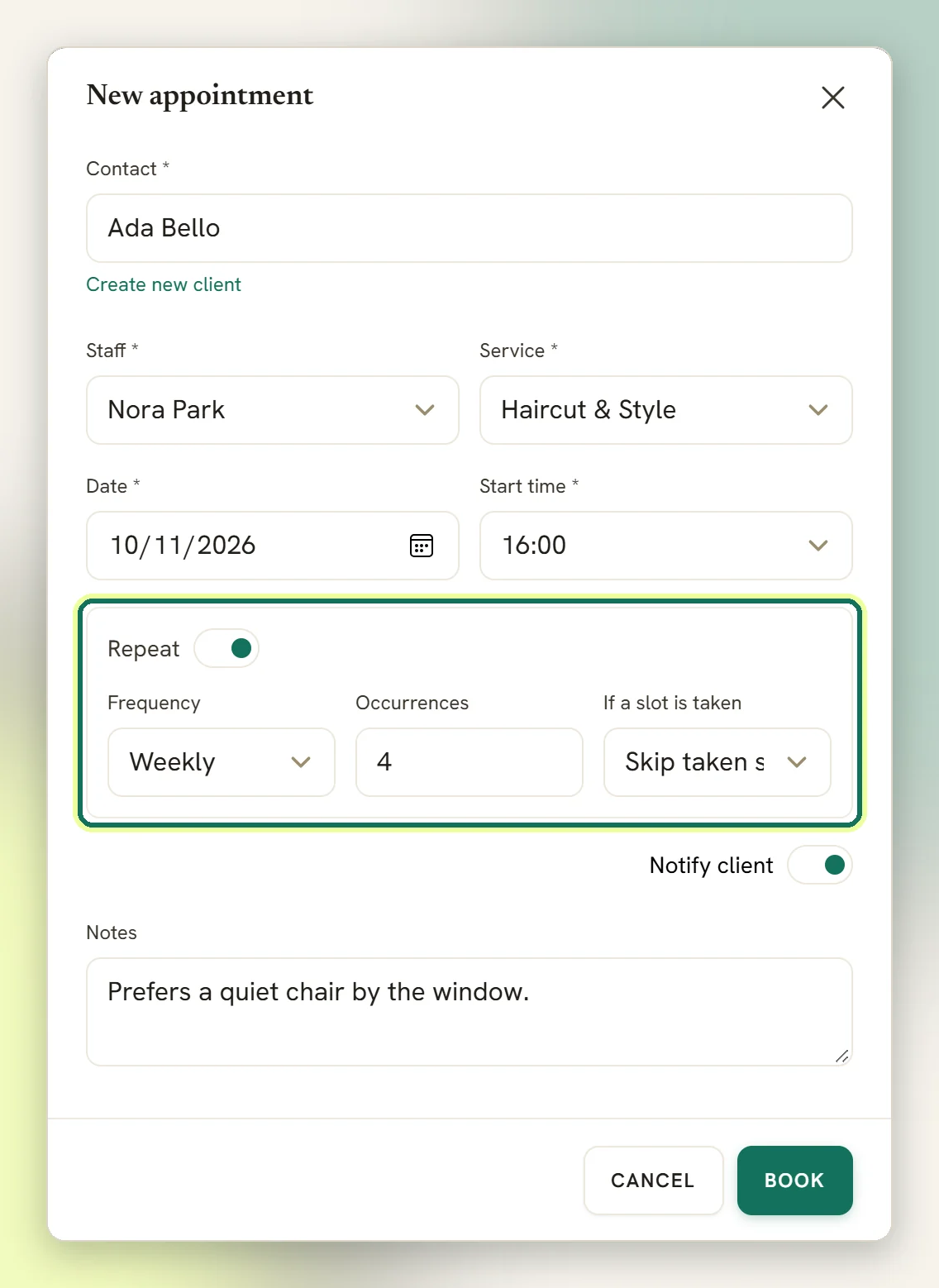 The New appointment window with Repeat switched on and highlighted, showing Frequency set to Weekly, 4 occurrences and Skip taken slots