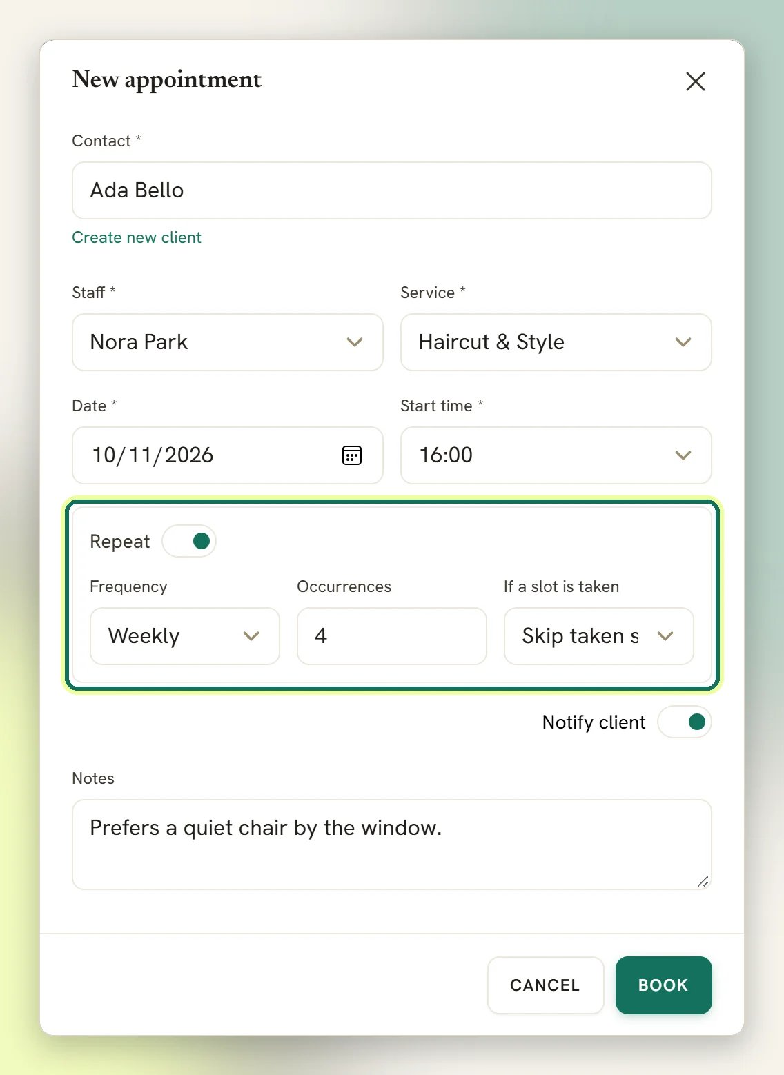 The New appointment window with Repeat switched on and highlighted, showing Frequency set to Weekly, 4 occurrences and Skip taken slots