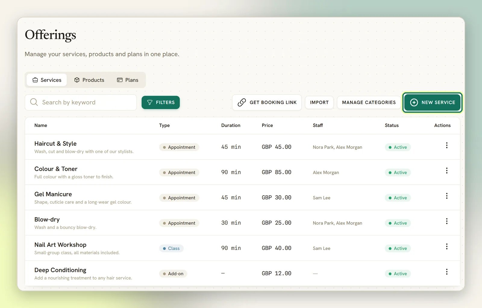 Offerings on the Services tab, listing services with their type, duration, price, staff and status, with the New service button highlighted