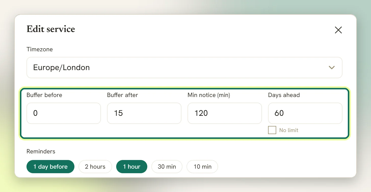 The Edit service window with the Buffer before, Buffer after, Min notice (min) and Days ahead fields highlighted, above the reminder times