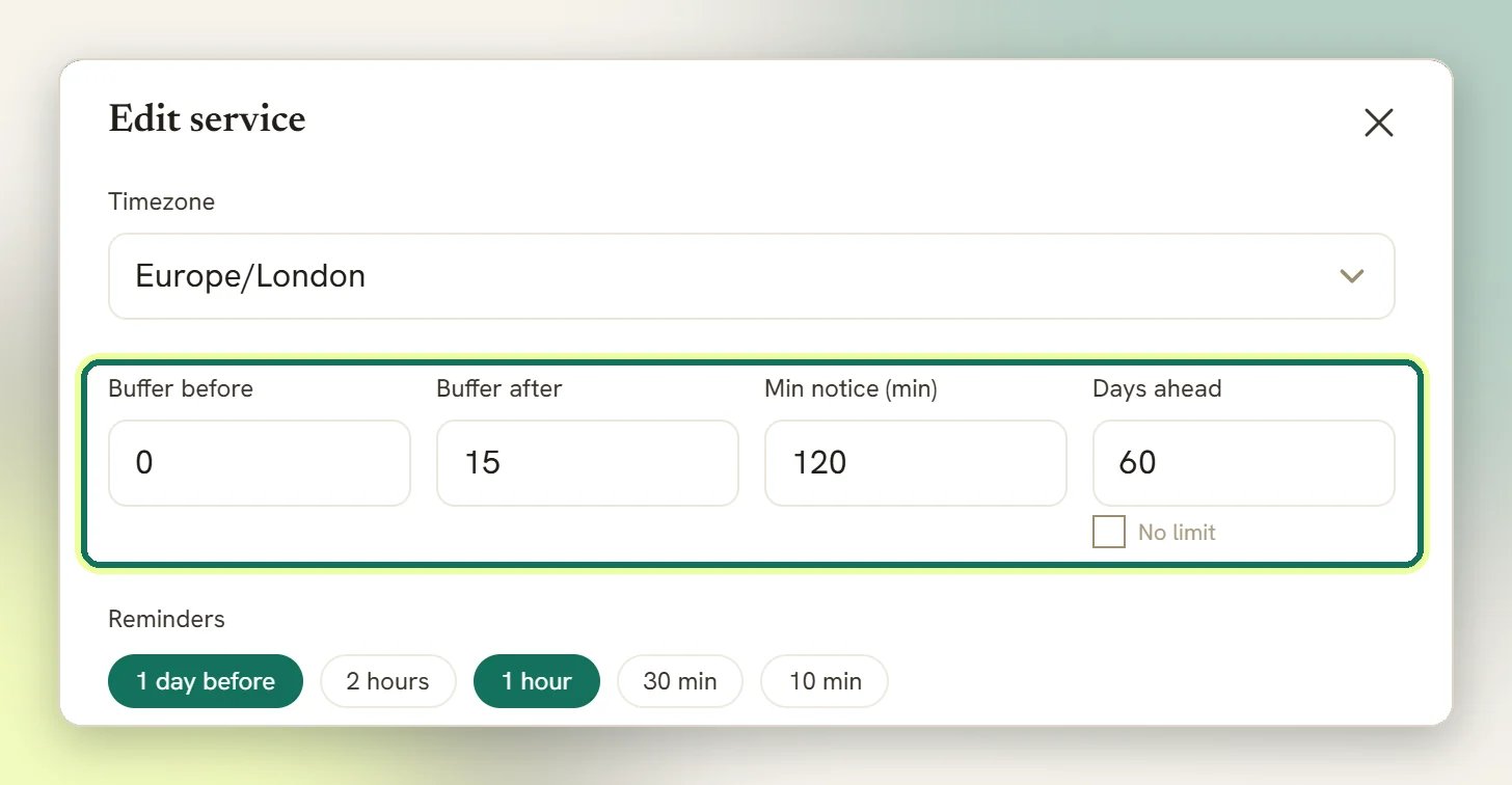 The Edit service window with the Buffer before, Buffer after, Min notice (min) and Days ahead fields highlighted, above the reminder times