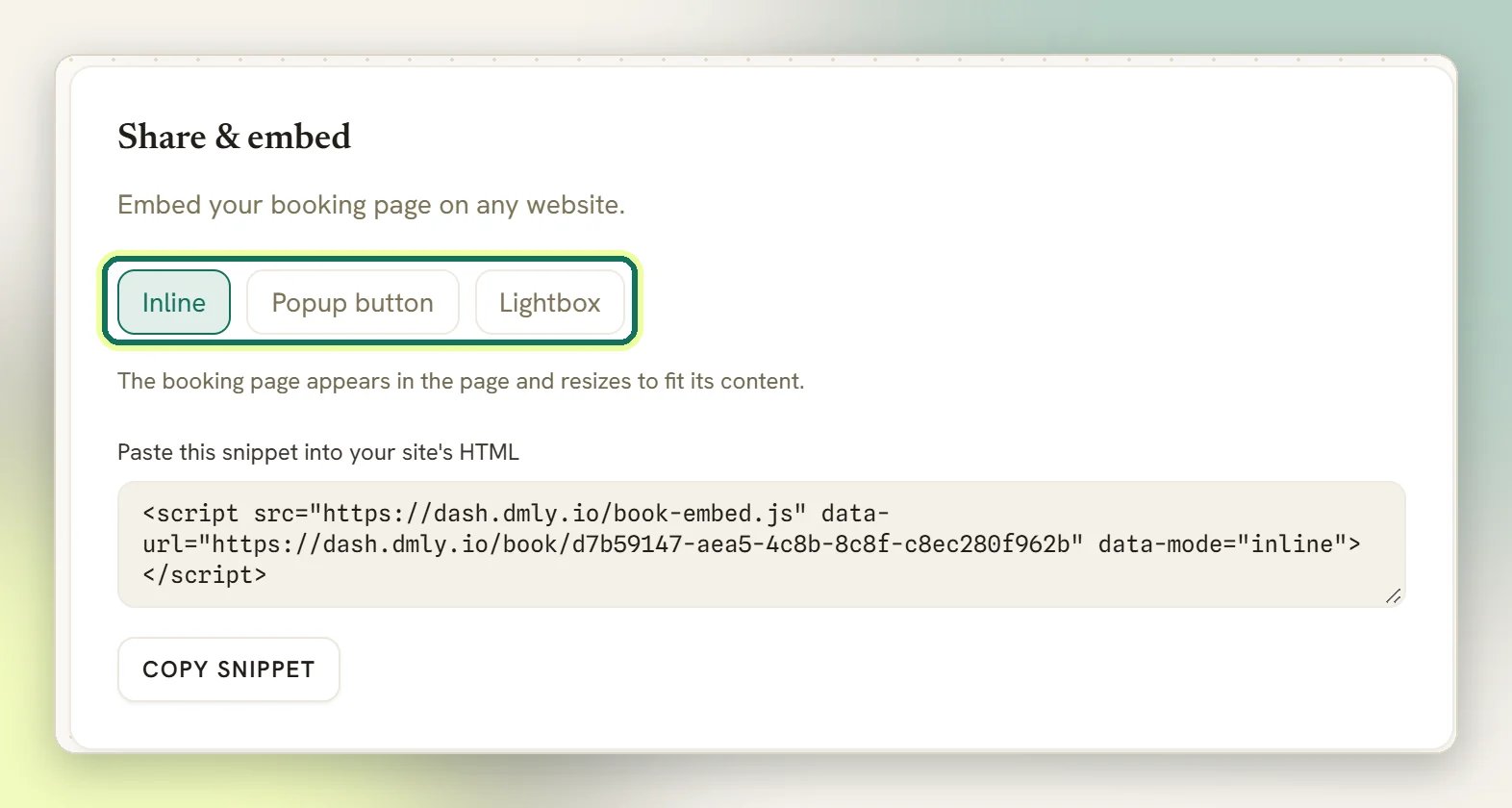 The Share and embed panel with the Inline, Popup button and Lightbox options highlighted, the embed snippet and the Copy snippet button