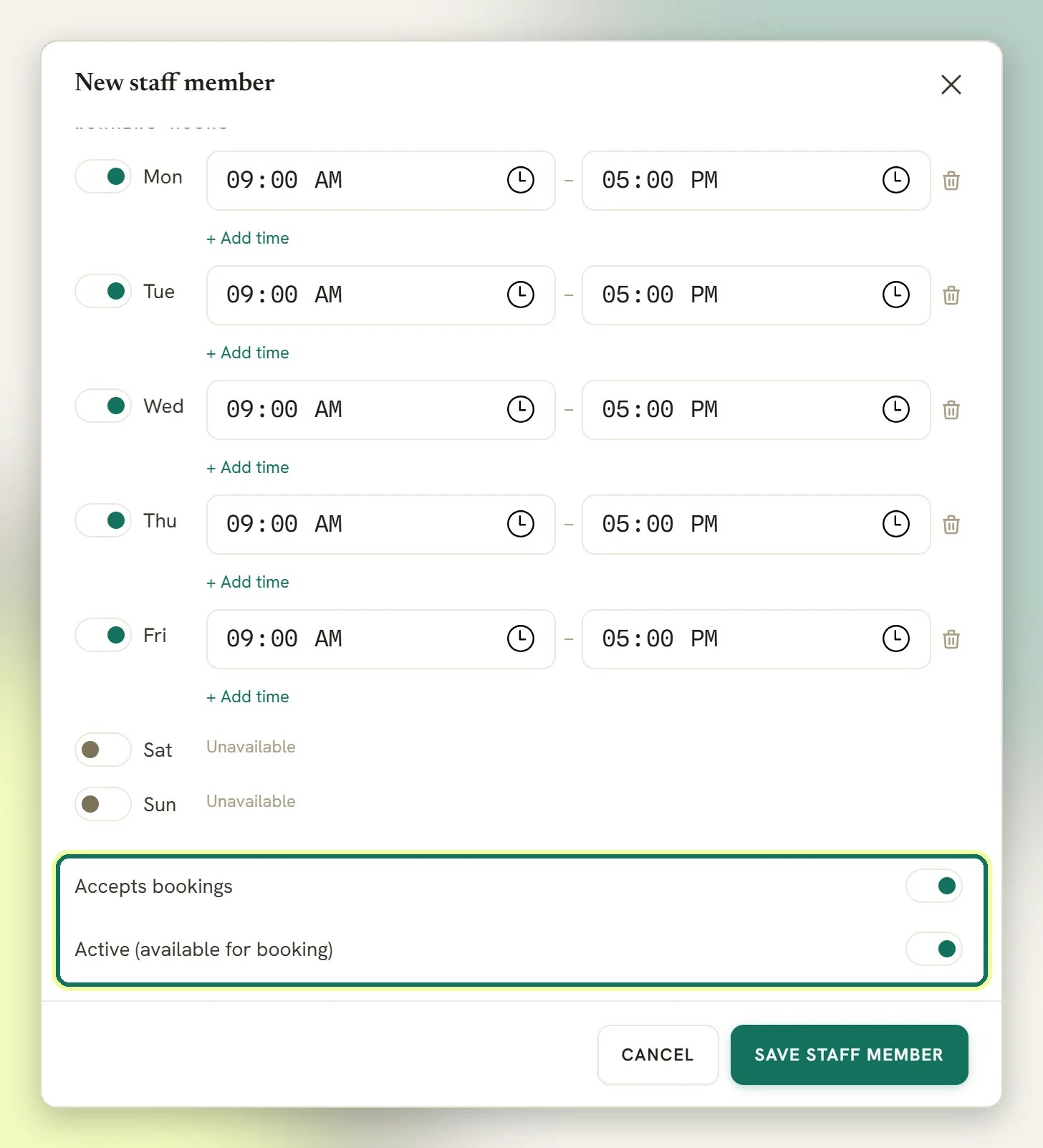 The bottom of the New staff member window, below the working hours, with the Accepts bookings and Active (available for booking) switches highlighted