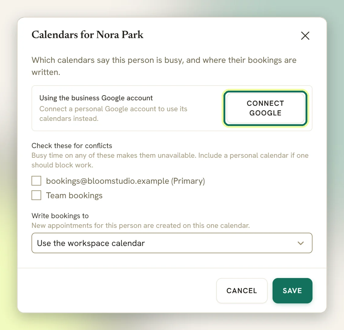 The Calendars for Nora Park window with the Connect Google button highlighted, the Check these for conflicts list and the Write bookings to picker