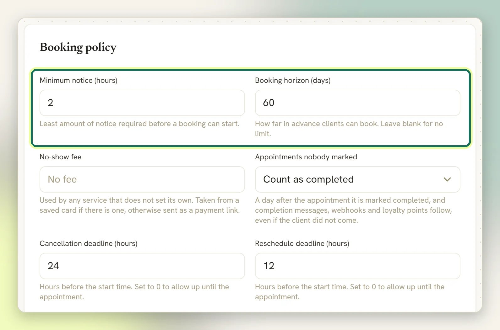 The Booking policy panel in Appointment settings with Minimum notice (hours) and Booking horizon (days) highlighted