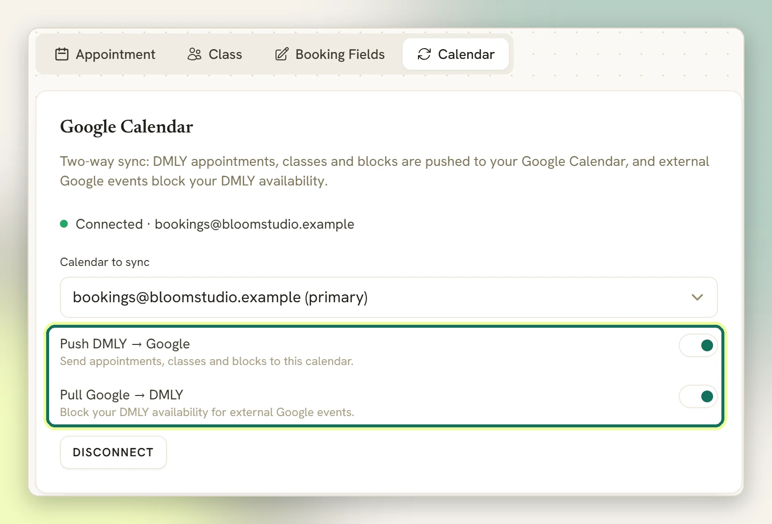 The Calendar tab of Appointment settings showing a connected Google Calendar, the Calendar to sync picker and the Push and Pull switches highlighted