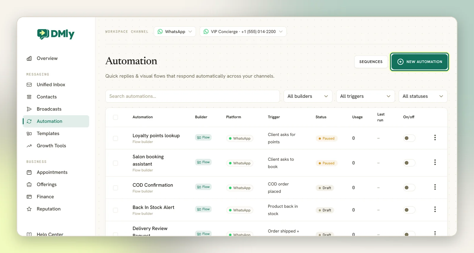 The Automation page listing flows, with the New automation button highlighted