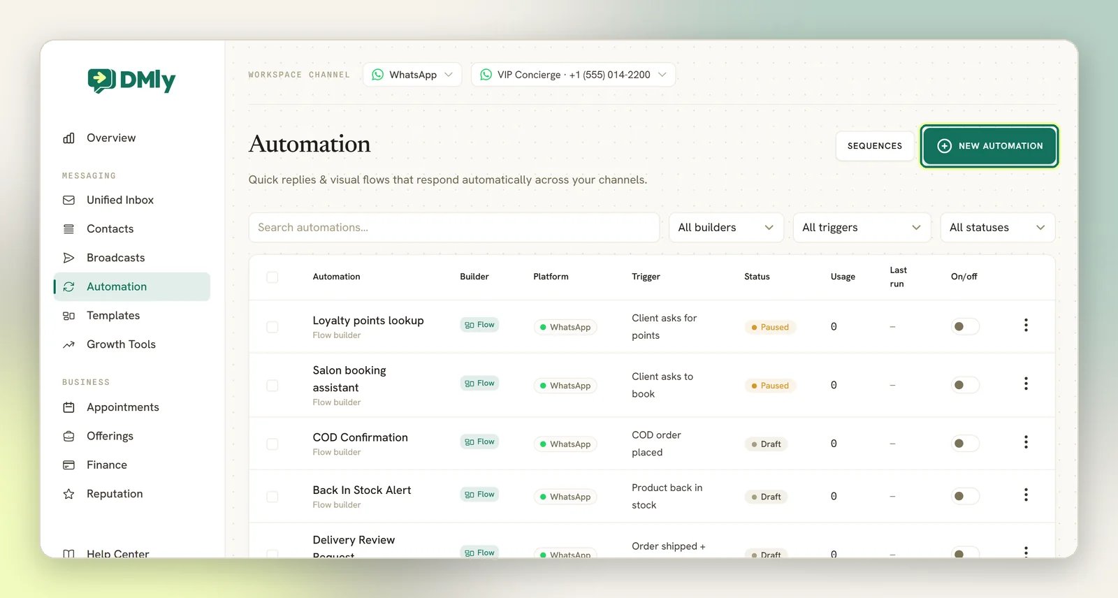 The Automation page listing flows, with the New automation button highlighted