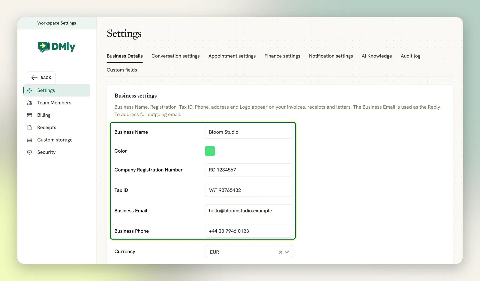 The Business Details tab in Settings, with the business name, registration number, tax ID, email and phone filled in