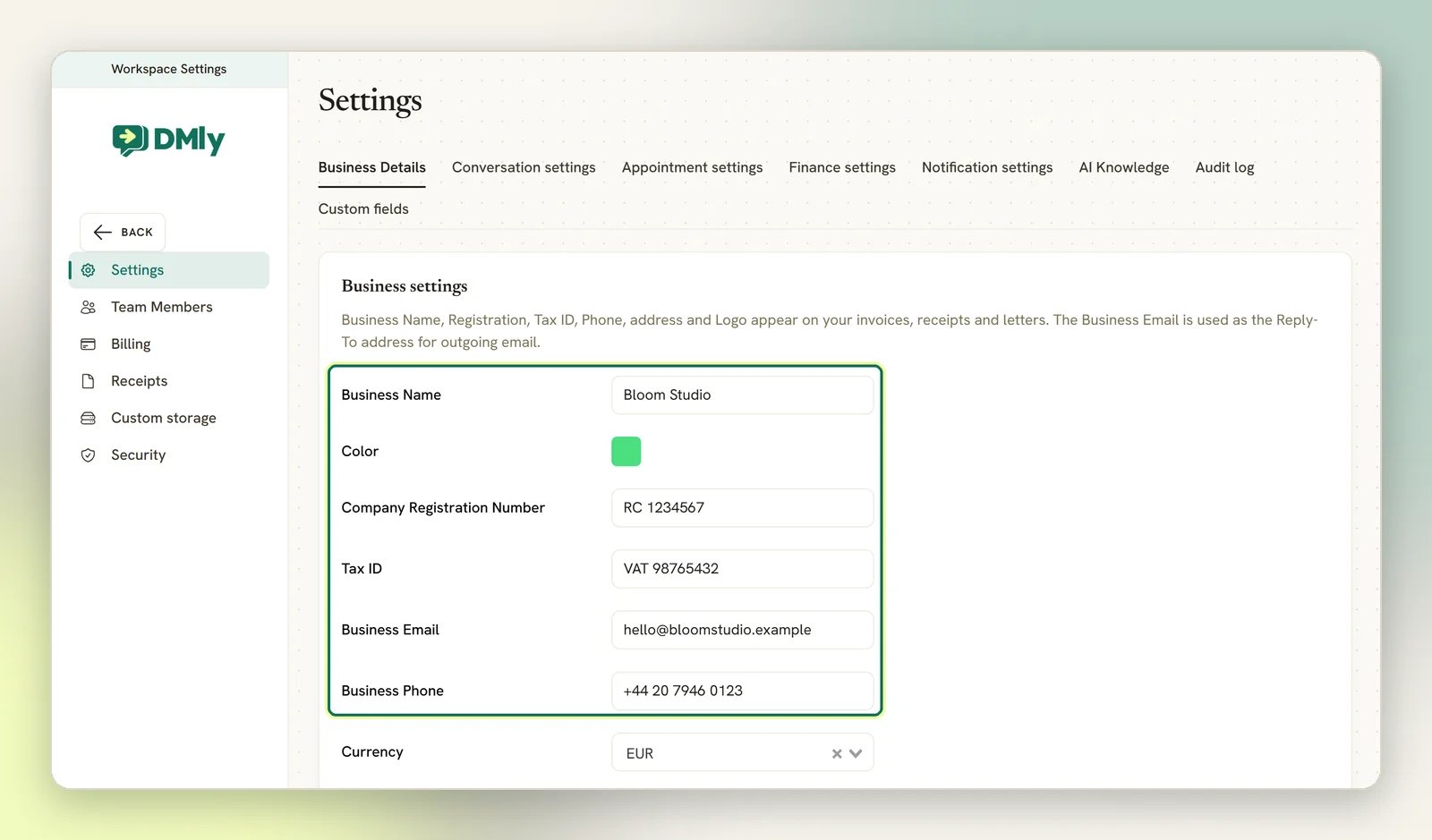 The Business Details tab in Settings, with the business name, registration number, tax ID, email and phone filled in