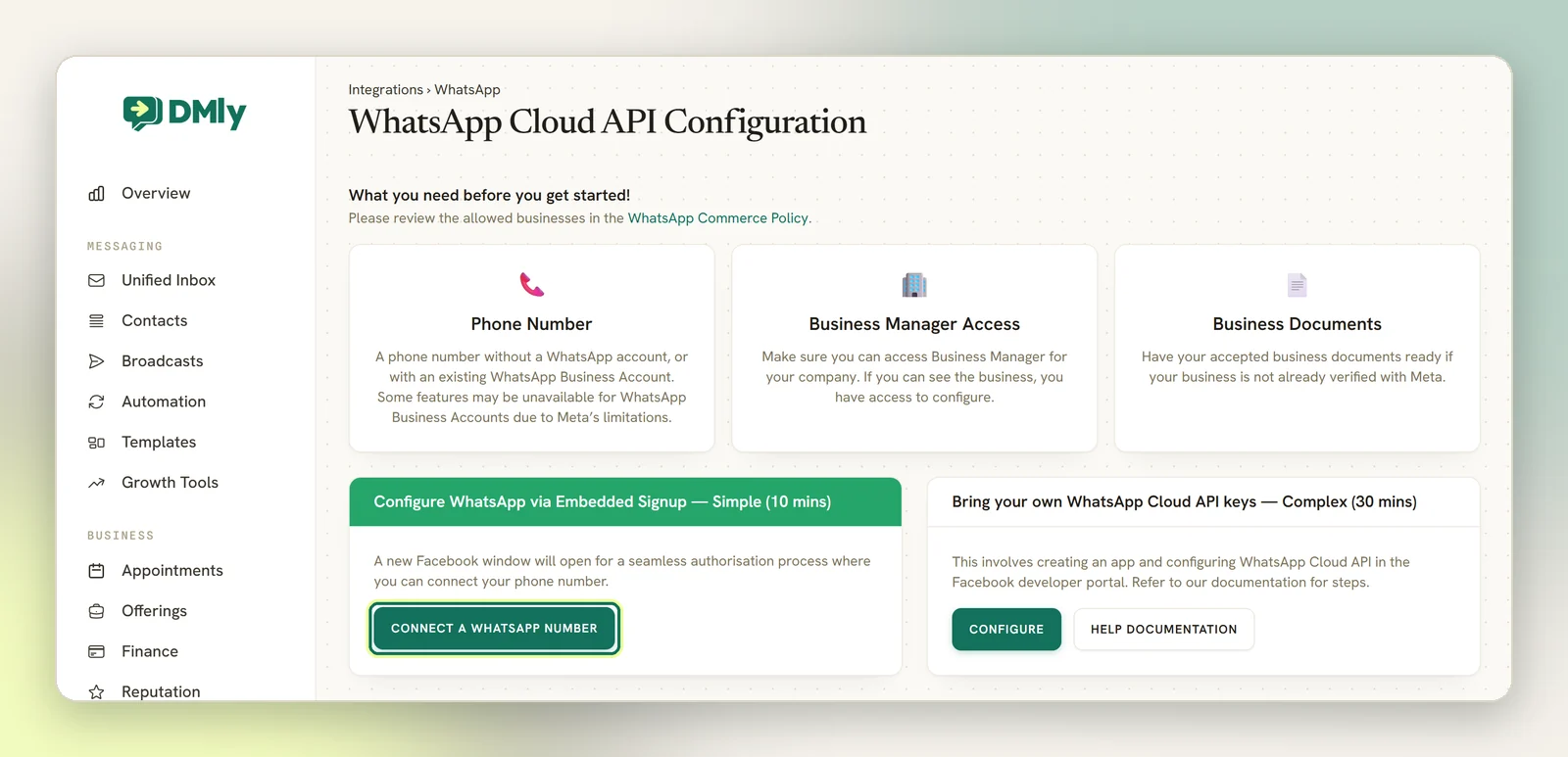 The WhatsApp setup page, with Connect a WhatsApp number highlighted under Embedded Signup