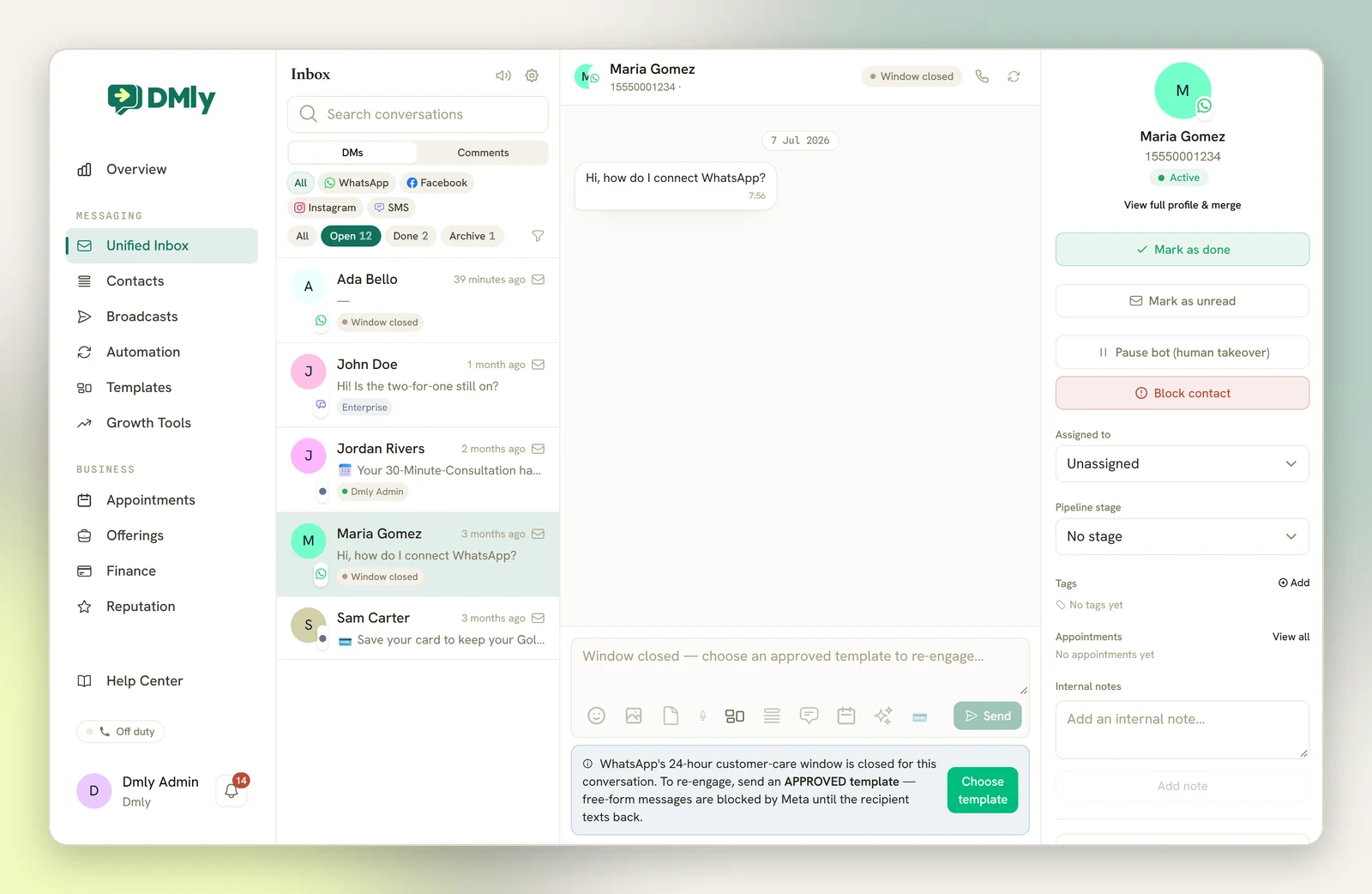 The Unified Inbox with a WhatsApp conversation open