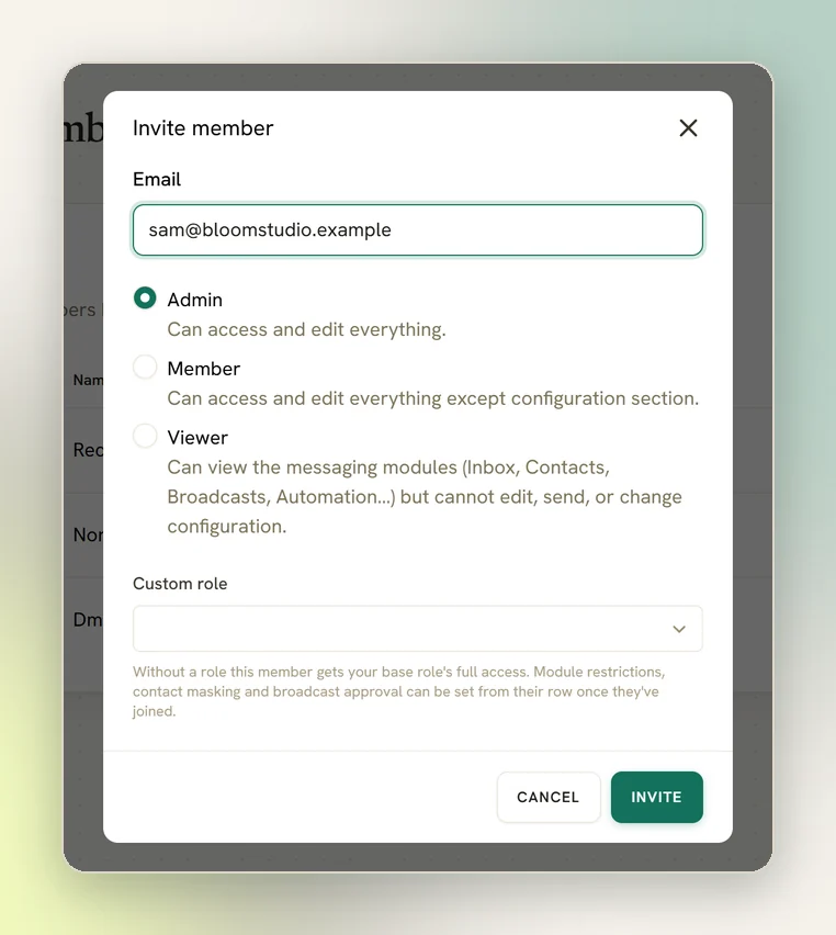 The Invite member window, with an email address entered and the Admin, Member and Viewer roles