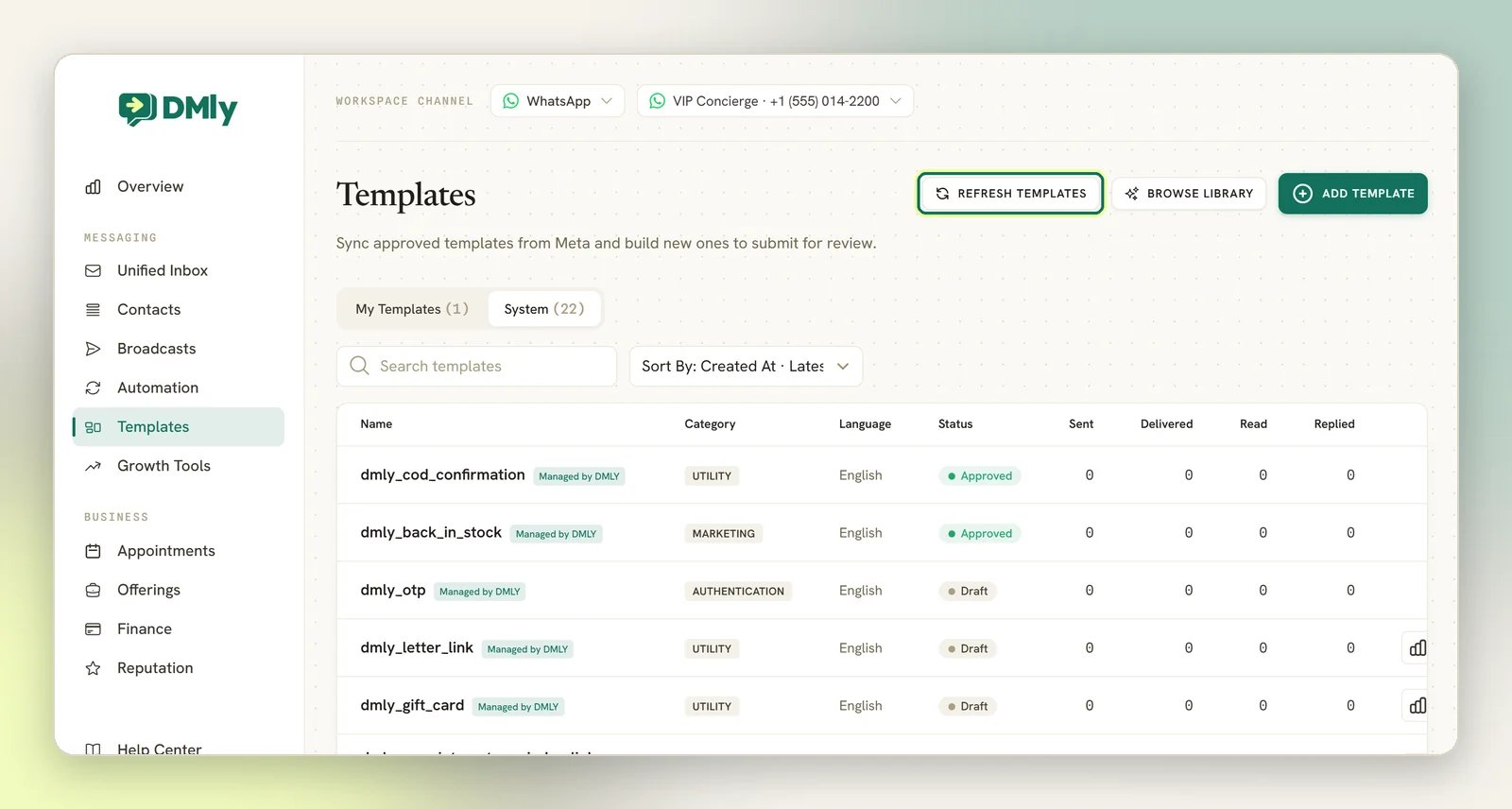 The Templates page on the System tab, showing DMLY's templates with their Meta review status and the Refresh templates button highlighted