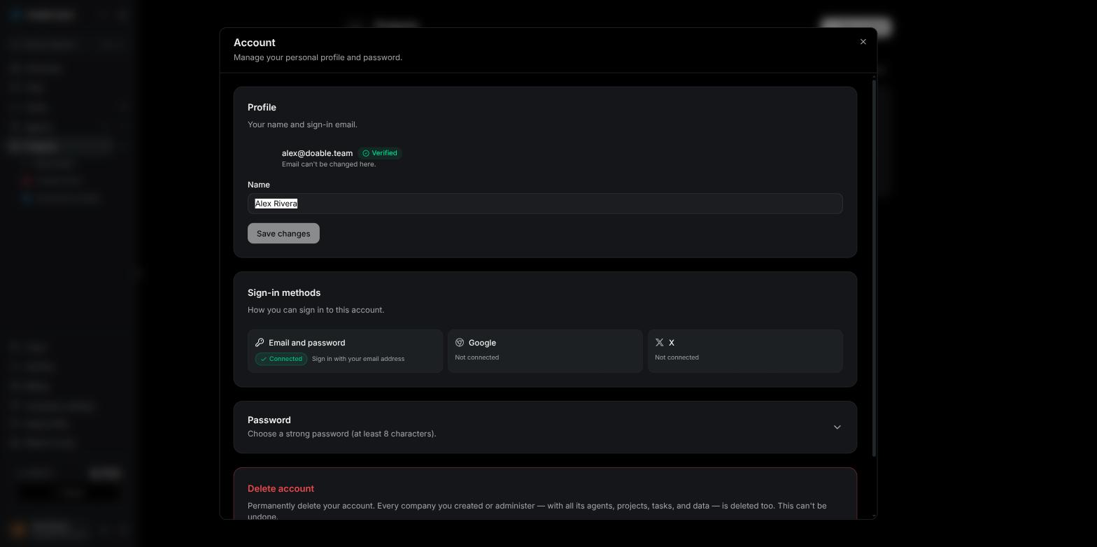 The Account dialog showing the Profile card, Sign-in methods tiles and a red Delete account card