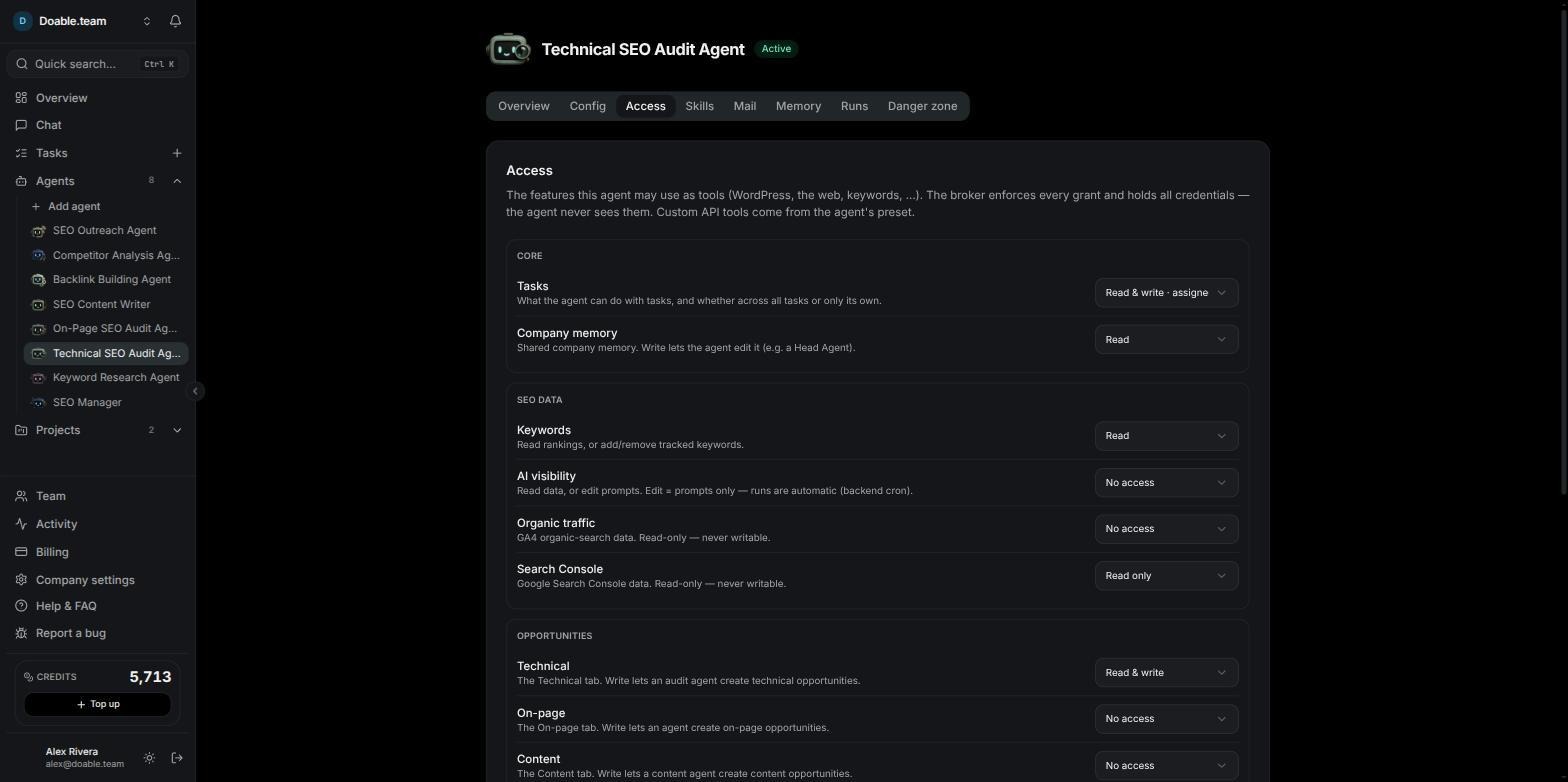The Access editor with dropdowns for tasks, memory, SEO data, opportunities, WordPress, web and browser control
