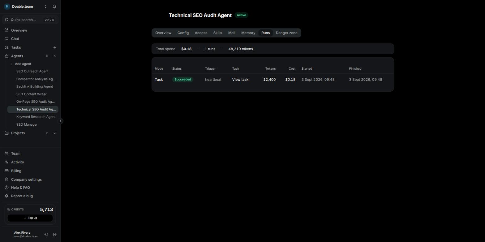 An agent's Runs tab listing Chat reply runs