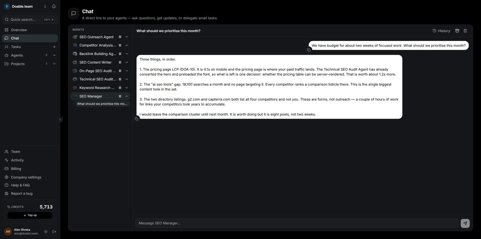 The Chat page with the Agents rail and an open conversation