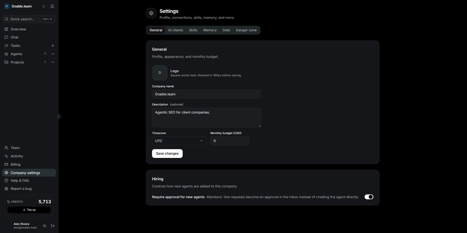 The Company settings page with its tabs