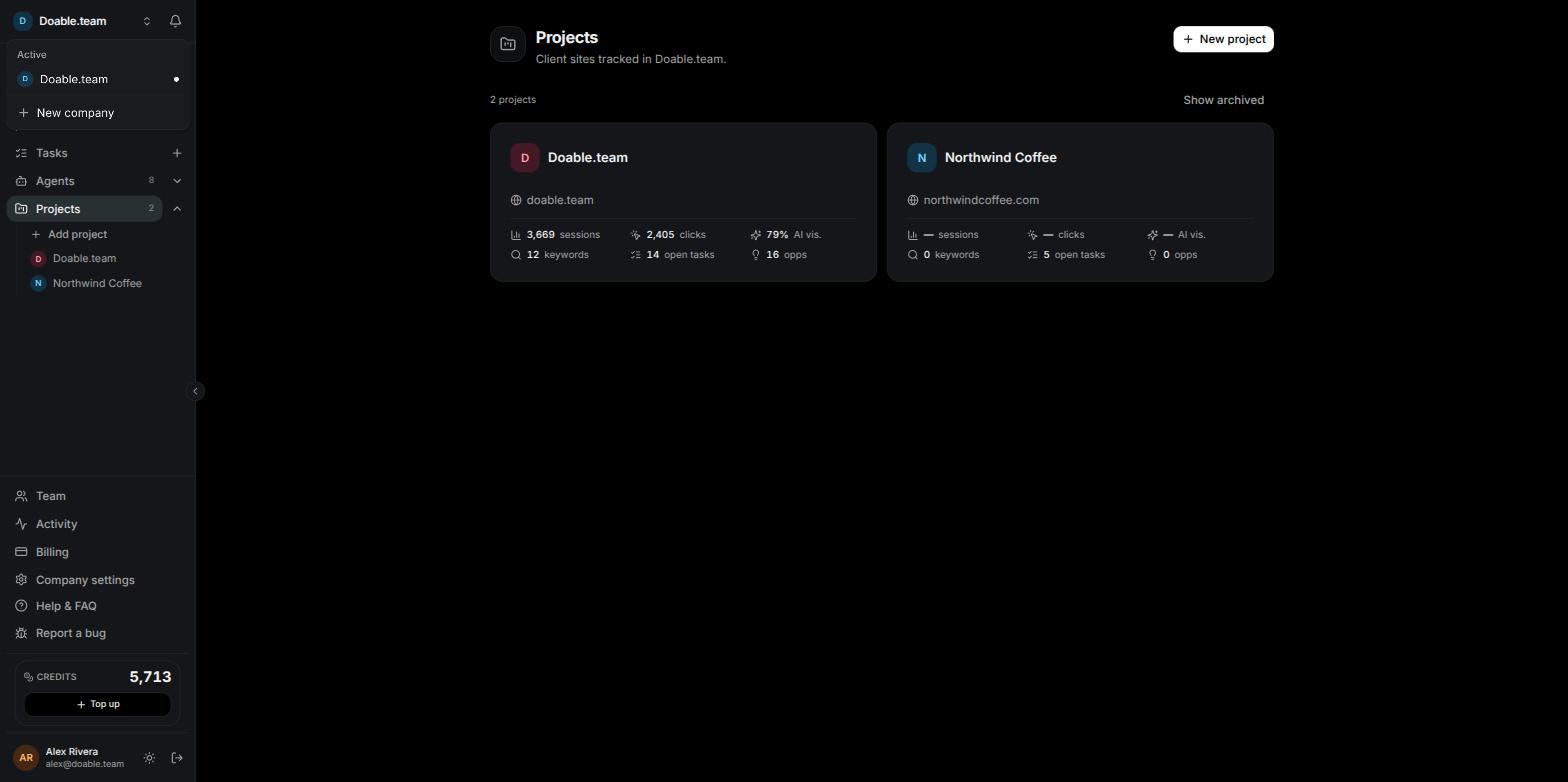 The company switcher dropdown showing the Active and Setting up groups and the New company entry
