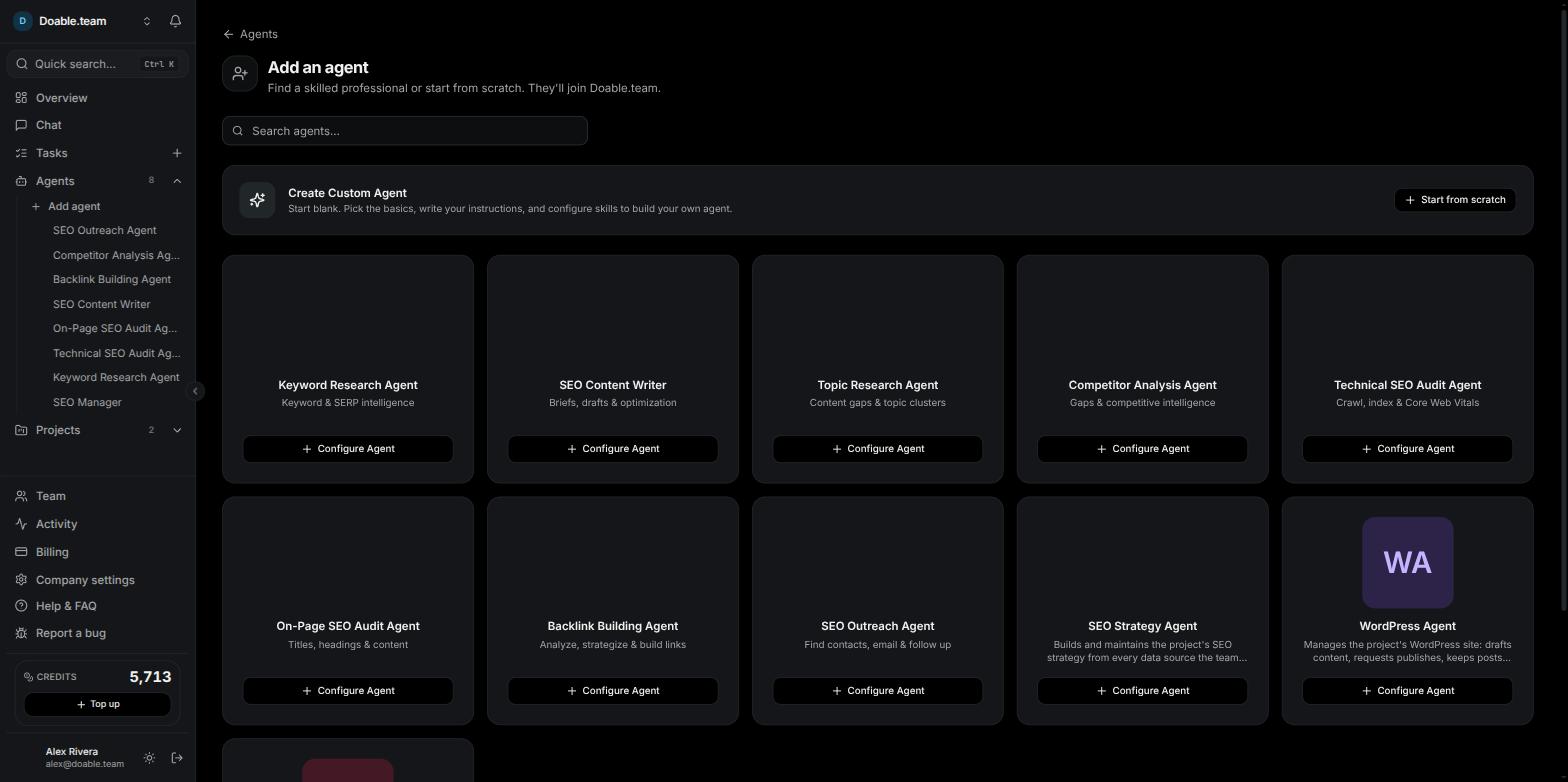 The hire drawer showing AI client chips, the model dropdown, Reports to, Assigned projects and Peers